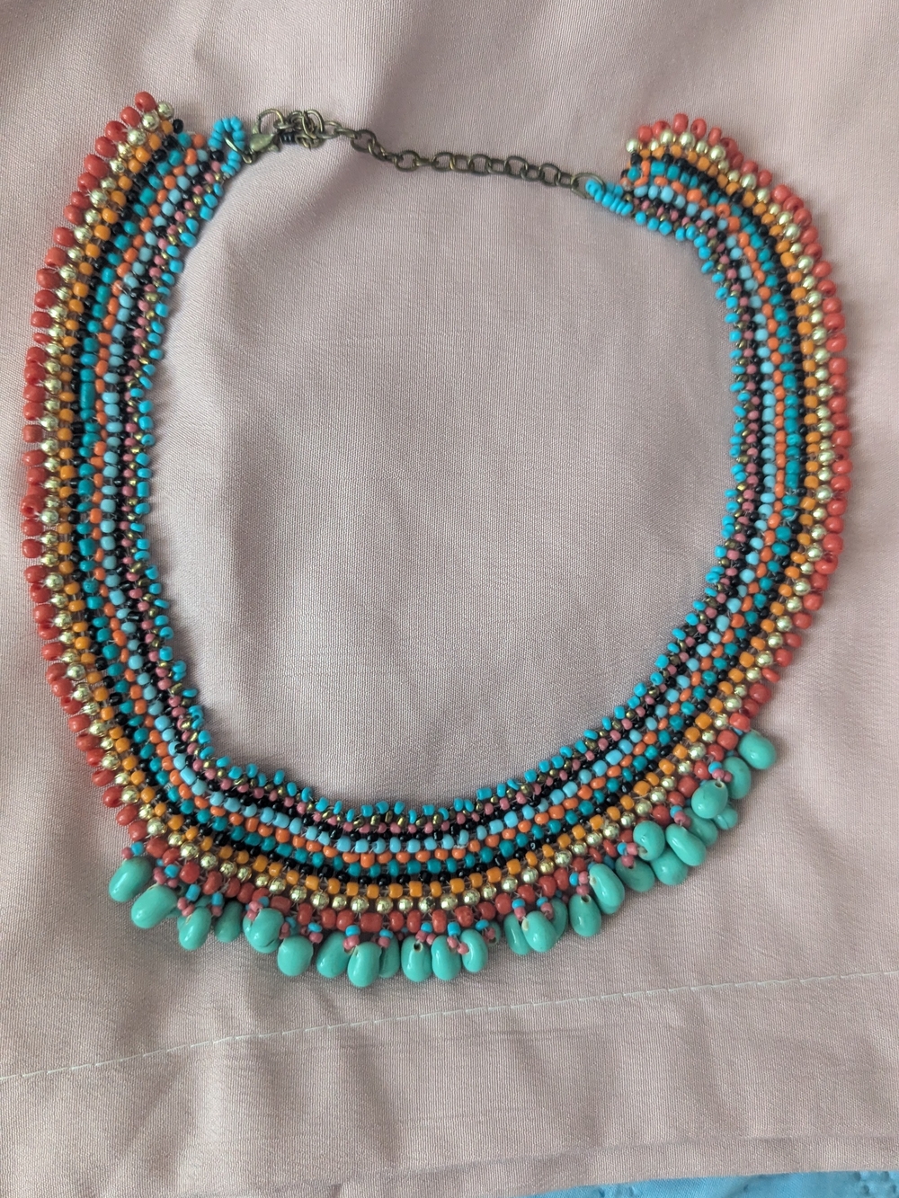 Multicolor Beaded Statement Necklace - Turquoise, Coral & Gold